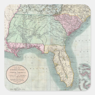 Sticker Carré Carte vintage du sud-est des États-Unis (1806)