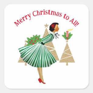 Sticker Carré Cartes de vœux de Noël Dame Vintage 1950 