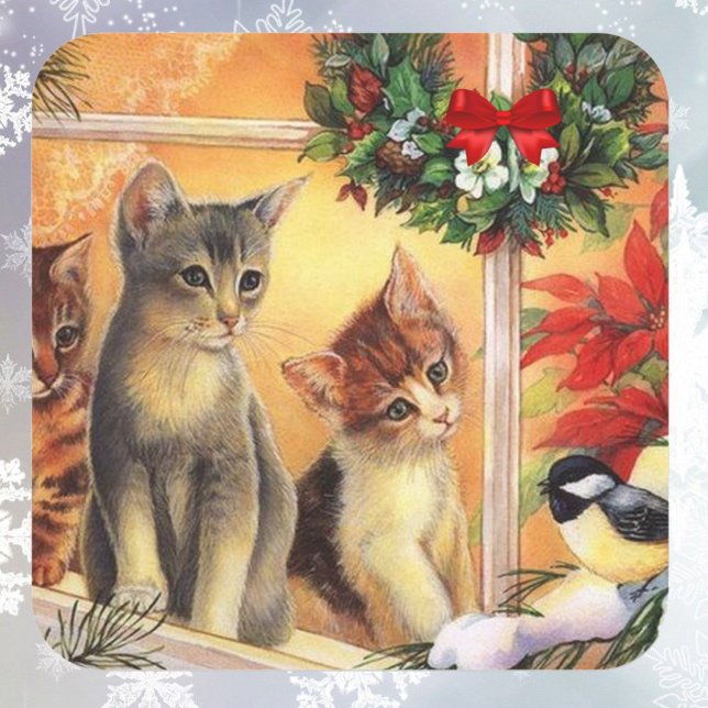 Sticker Carré Cartes mignonnes de chatons de Noël oiseaux regard (Créateur téléchargé)