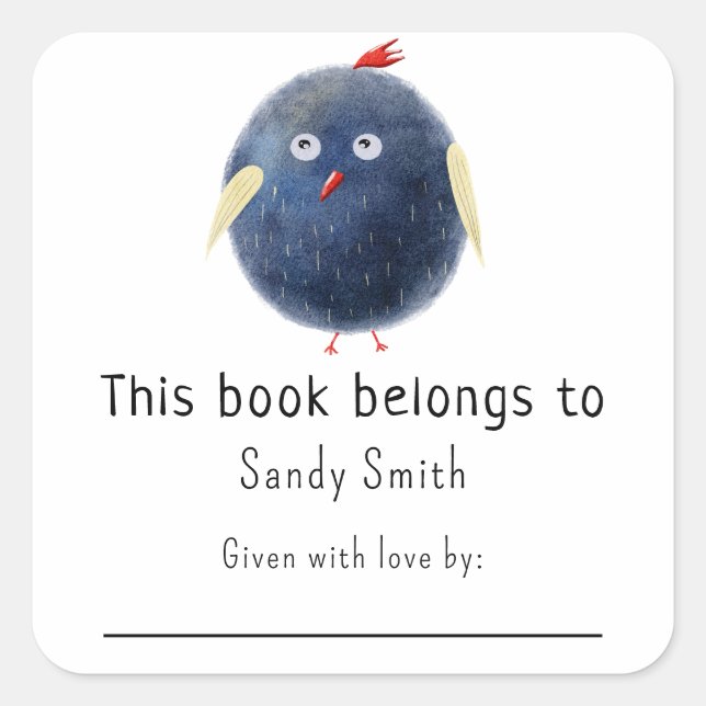 Sticker Carré Carton bird - Ce livre appartient avec message (Devant)