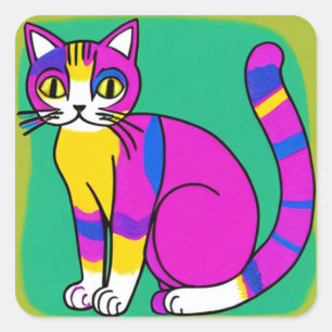 Sticker Carré Carton mignon Purple, Bleu et Chat Jaune