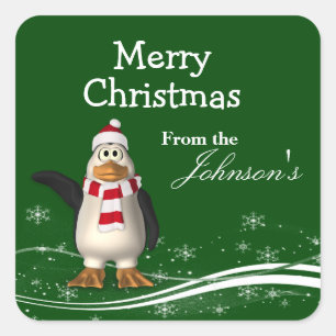 Sticker Carré Carton Santa Claus Penguin Noël Tags cadeaux