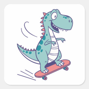 Sticker Carré Cartoon cool T-Rex sur skateboard