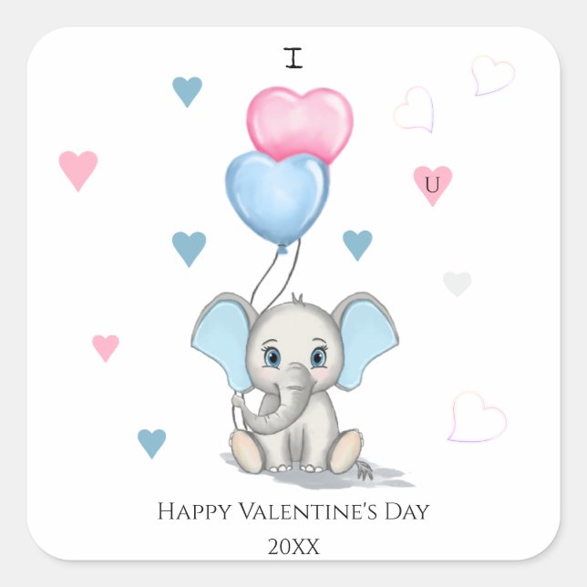 Sticker Carré Cartoon Eléphant mignon | Personnalisé Valentine's (Devant)