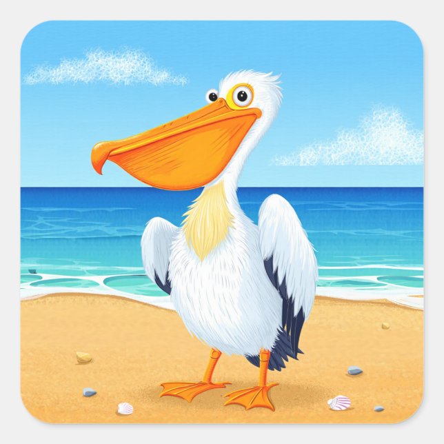 Sticker Carré Cartoon mignon Pélican, oiseau de mer (Devant)