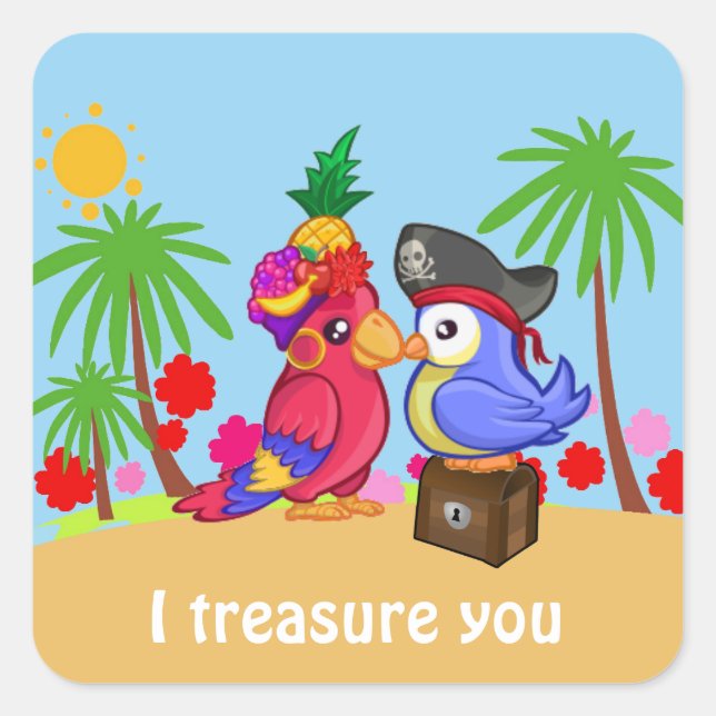 Sticker Carré Cartoon Perroquets de pirate trésor amour (Devant)