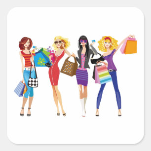 STICKER CARRÉ CARTOON SHOPPPING FILLES VECTEURS STYLE MODE S'AMU