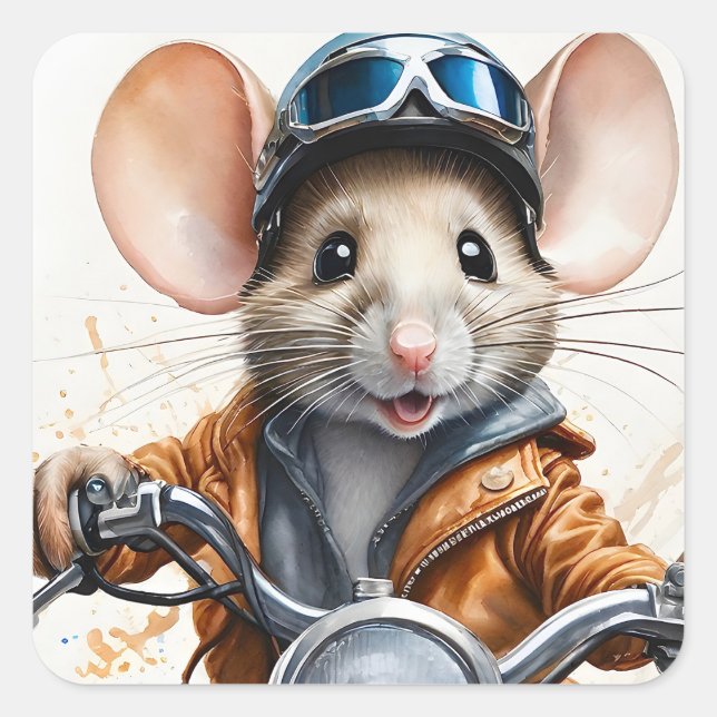 Sticker Carré Casque mignonne de souris à cheval sur une moto (Devant)