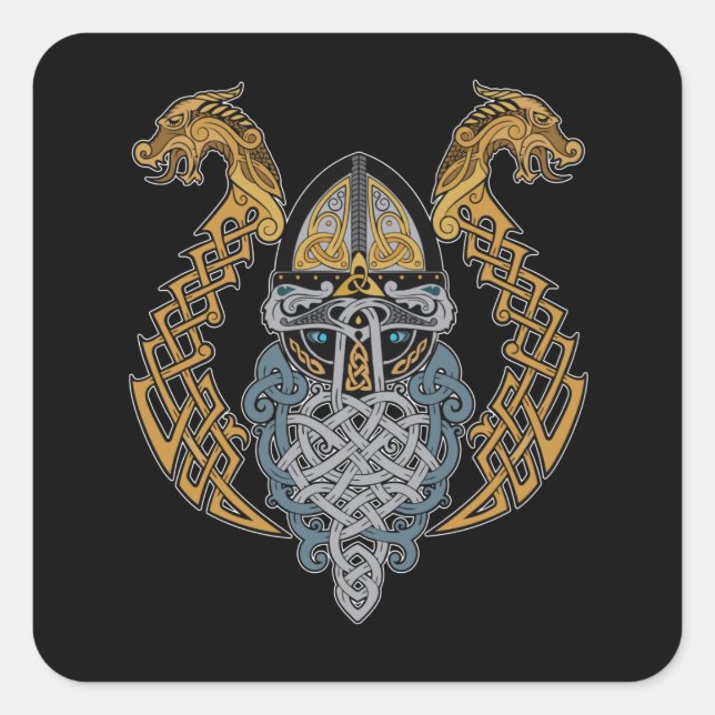 Sticker Carré Casque Viking Dragon Valknut Valhalla God Odin (Devant)