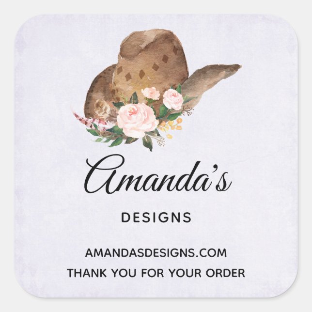 Sticker Carré Casquette Brown Cowgirl avec fleurs roses (Devant)