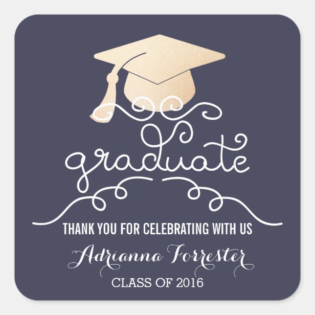Sticker Carré Casquette de graduation Faux Rose Gold Foil Merci  (Devant)