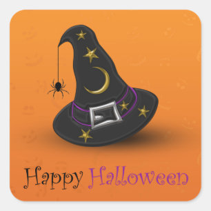 Sticker Carré Casquette de sorcière d'Halloween avec araignée