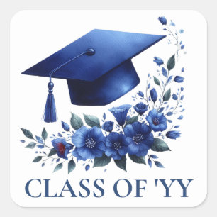 Sticker Carré Casquette et fleurs bleu Grad Enveloppe pour diplô