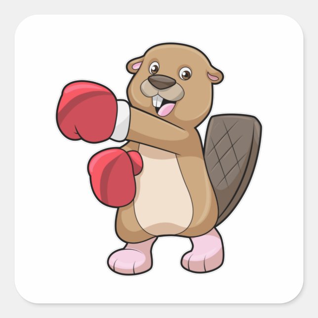 Sticker Carré Castor à la boxe avec gants de boxe (Devant)