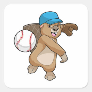 Sticker Carré Castor au Baseball Sports avec Casquette