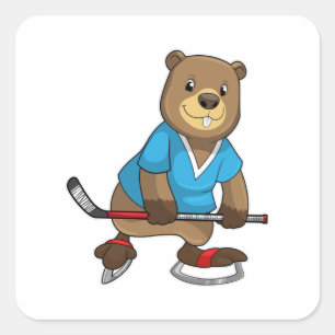 Sticker Carré Castor au hockey sur glace avec bâton de hockey su