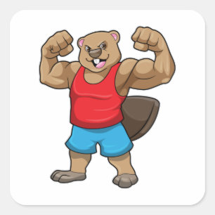 Sticker Carré Castor en Bodybuilder avec gros bras