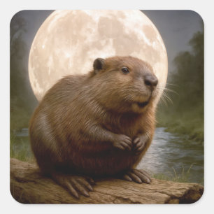 Sticker Carré Castor sur un rondin avec pleine lune
