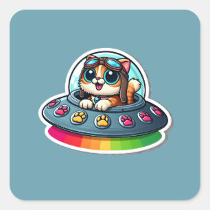 Sticker Carré Cat arc-en-ciel UFO