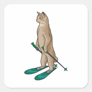 Sticker Carré Cat as Skier with Ski & Ski poles