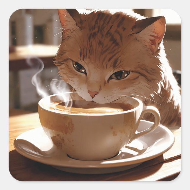Sticker Carré Cat drinking coffee from a cup (Devant)
