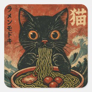 Sticker Carré Cat Ramen Japonais drôle Graphisme Kawaii Cat Anim