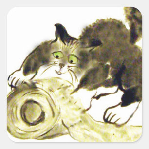 Sticker Carré Catbotage - chaton et papier toilette, Sumi-e
