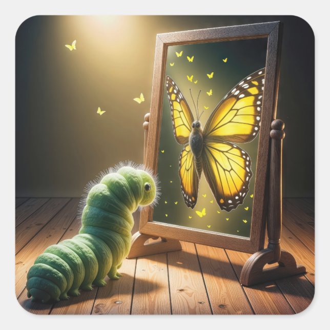 Sticker Carré Caterpillar Looking At a Butterfly In a Mirror (Devant)