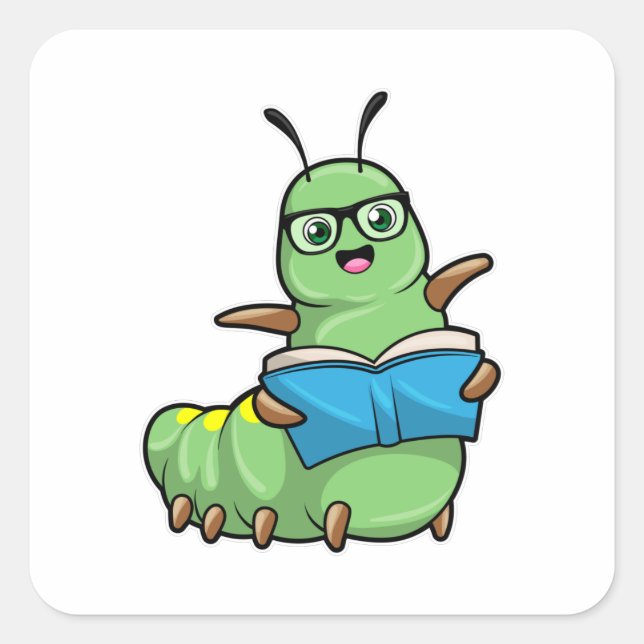 Sticker Carré Caterpillar Nerd avec livre et lunettes (Devant)