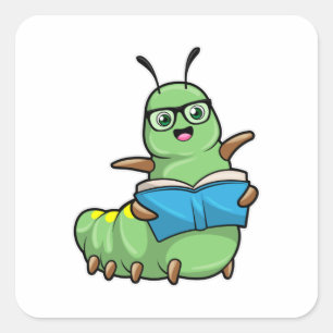 Sticker Carré Caterpillar Nerd avec livre et lunettes