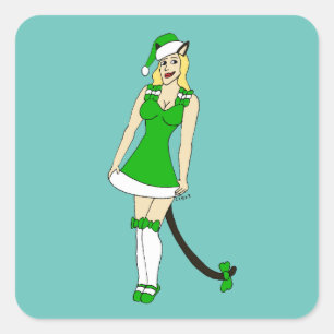 Sticker Carré Catgirl de Noël verte
