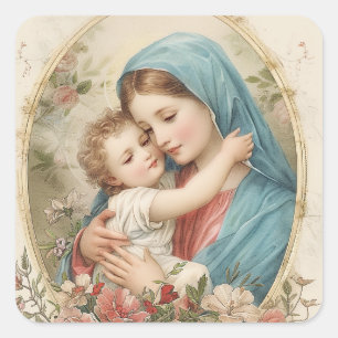 Sticker Carré Catholic Vierge Marie Enfant Jésus Floral