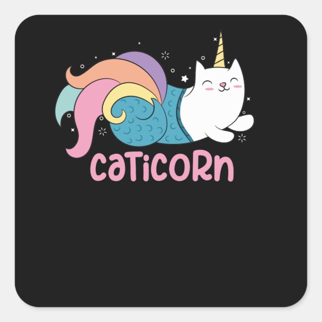 Sticker Carré Caticorn Cute Chat Unicorne Mélange Sirène (Devant)