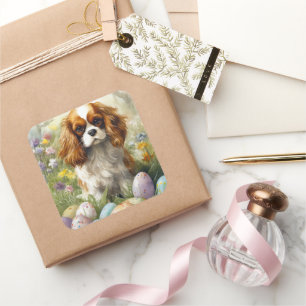 Sticker Carré Cavalier King Charles Spaniel avec œufs de Pâques