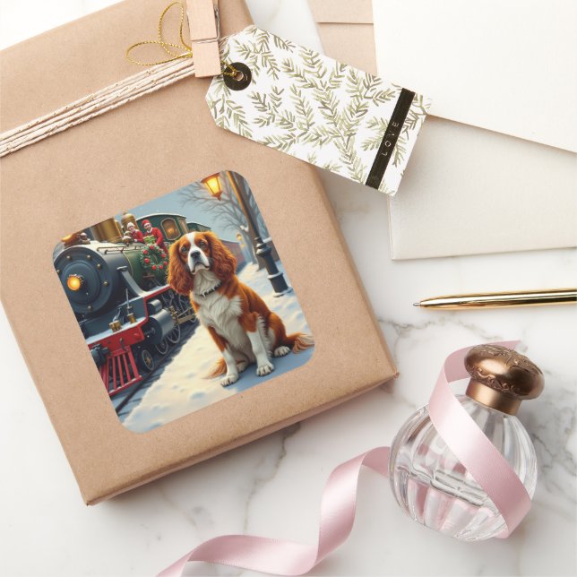 Sticker Carré Cavalier King Charles Spaniel Christmas Train (Cadeaux)