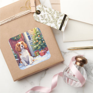 Sticker Carré Cavalier King Charles Spaniel Noël enneigé