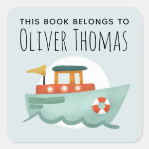 Sticker Carré Ce livre appartient à Blue Ocean Boat Kids Bookpla