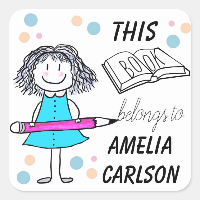 Sticker Carré Ce Livre Appartient Au Cartoon Girl Custom (Devant)
