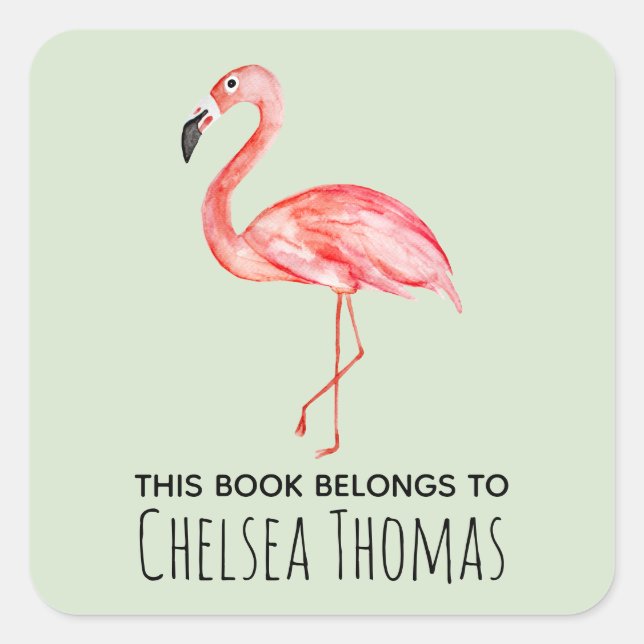 Sticker Carré Ce livre fait partie du Flamant rose tropical Nom (Devant)