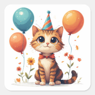 Sticker Carré Célébration d'anniversaire de chaton avec ballons