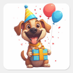 Sticker Carré 🎂 Célébration d'anniversaire de chien mignon avec
