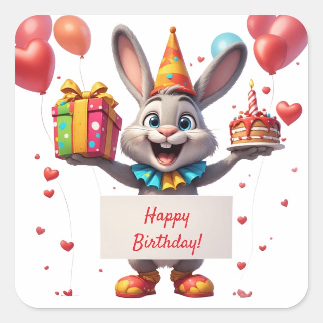 Sticker Carré Célébration de lapin avec cadeau et ballons 🐰 (Devant)