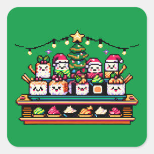 Sticker Carré Célébration de Noël du Sushi - Festive 8 bits