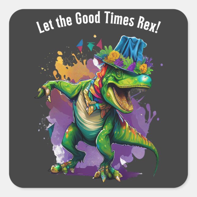 Sticker Carré Célébrez Mardi Gras avec Dancing T Rex Dinosaur (Devant)