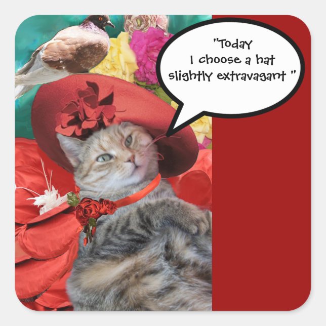 STICKER CARRÉ CÉLÉBRITÉ CAT PRINCESS TATUS AVEC CASQUETTE ROUGE, (Devant)