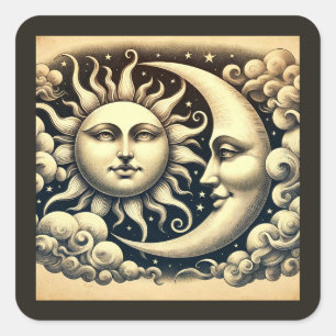 Sticker Carré Céleste Vintage Soleil & Lune
