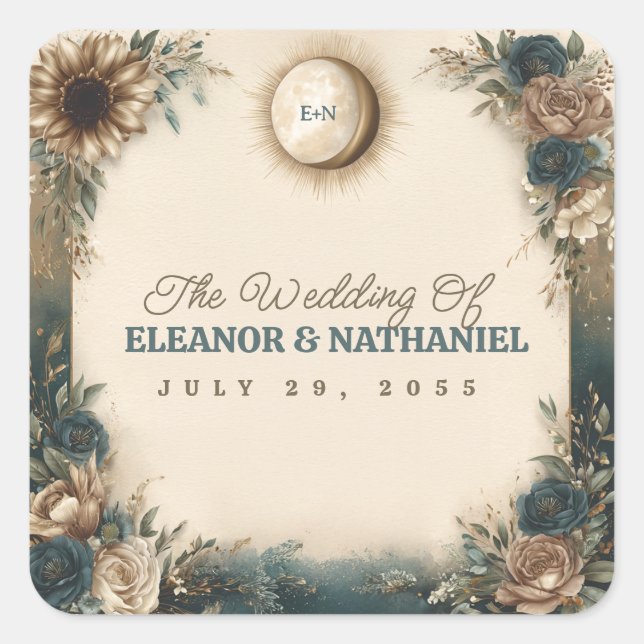Sticker Carré Celestial Sun Moon Boho Floral Rustic Wedding (Devant)