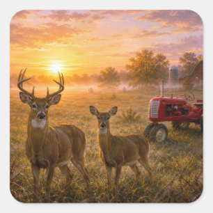Sticker Carré Cerf à queue blanche avec tracteur agricole rouge 