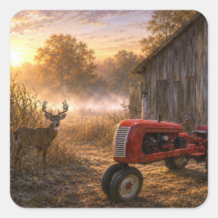 Sticker Carré Cerf de Virginie et tracteur vintage dans la brume