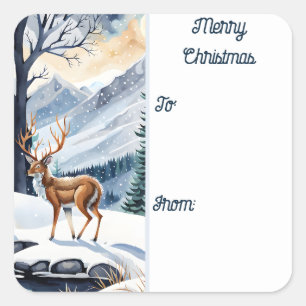 Sticker Carré Cerf par l'étiquette cadeau de Noël Snowy Lake